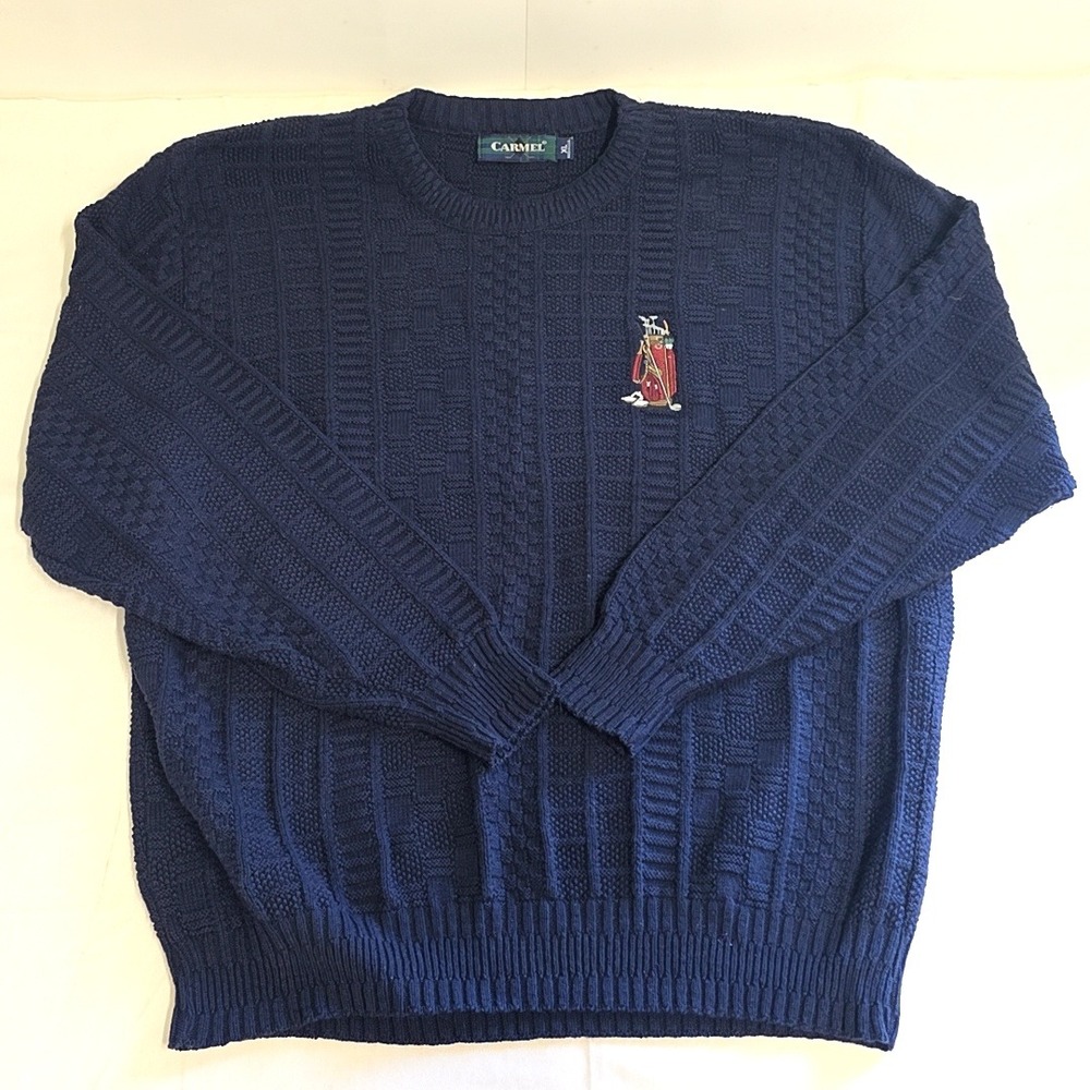 Vintage Carmel Sweater Men XL Navy Blue Golf Bag Embroidery Textured Knit USA